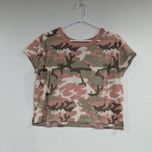 Rebel Rogue Camo Print Crop Tee with Asymmetrical Collar Pink Beige Size Large
